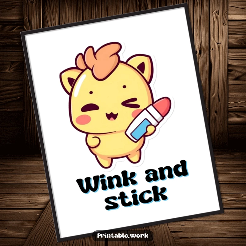 Funny Poster: A mischievous Kawaii character winks charmingly while holding a glue stick, embodying creative mischief.