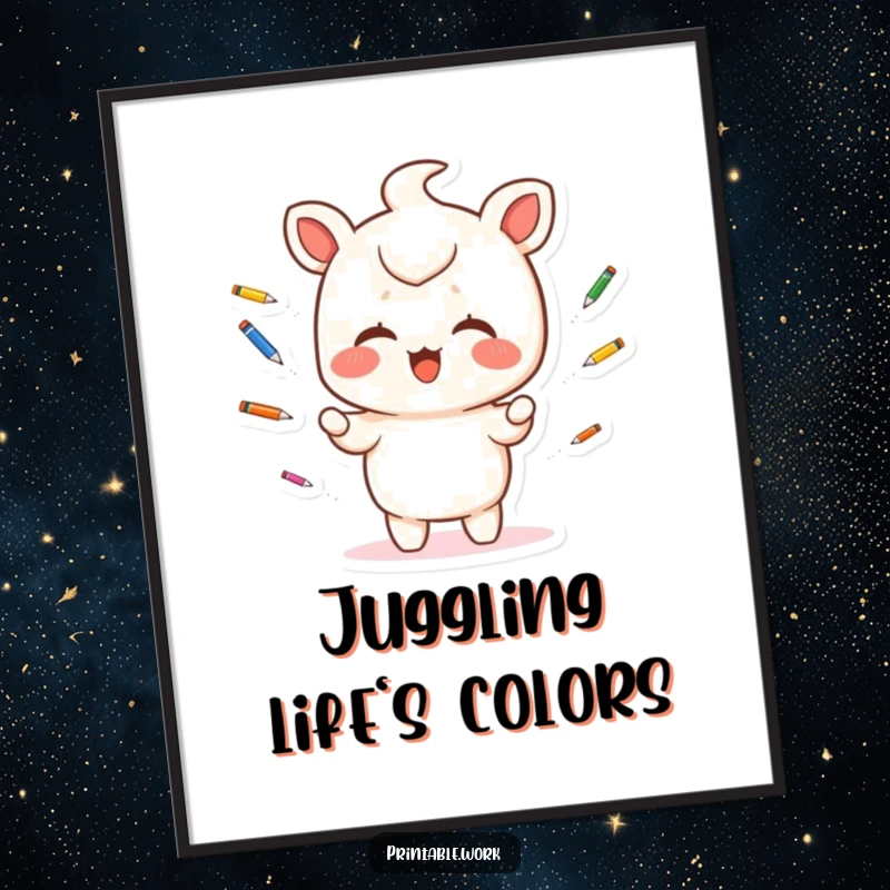 Funny Poster: A giggling Kawaii character is in motion, juggling small, colorful pens with artistic precision and delight.