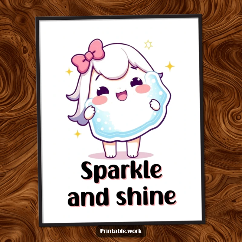 Funny Poster: A delighted Kawaii character holds a massive, glittering sticker, embodying pure happiness and celebratory vibes.