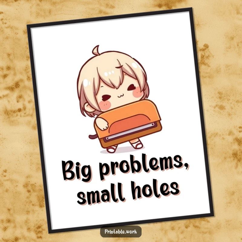 Funny poster of a character comically struggling with an oversized, ridiculously large hole punch, office wall art.