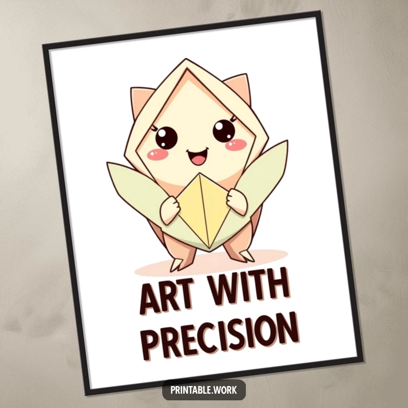 Funny poster art of a character presenting a folded origami figure, symbolizing patience, art, and gentle humor.