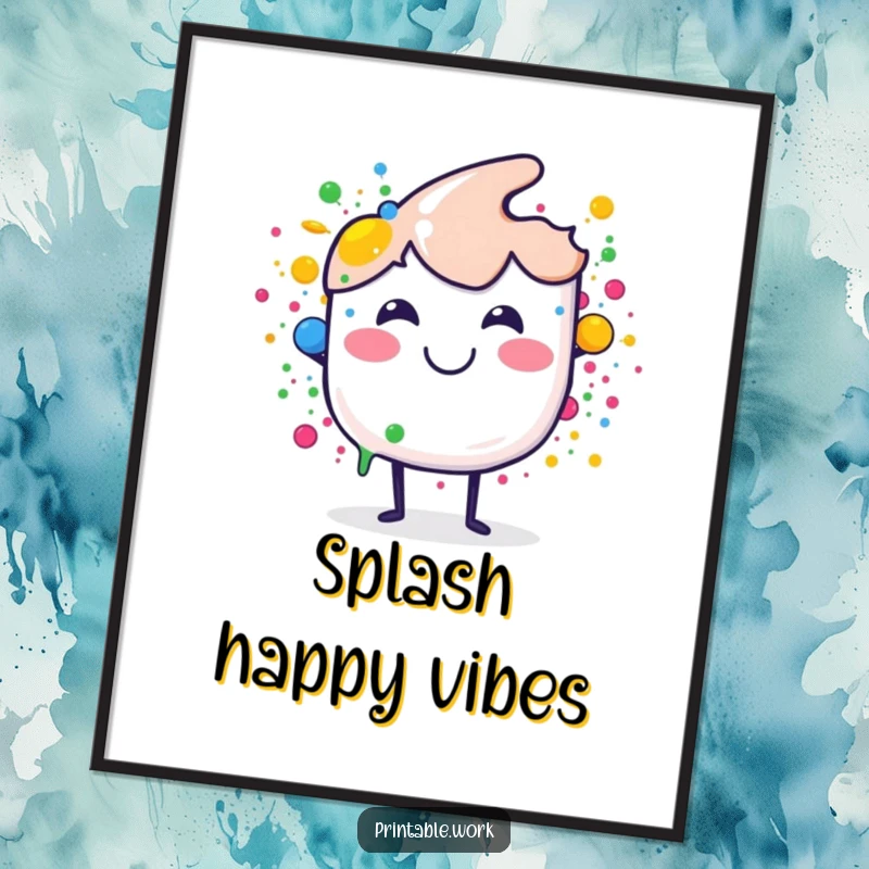 Funny poster featuring a smiling paint brush splashing happy dots, bringing artistic energy and color, a great funny gift.