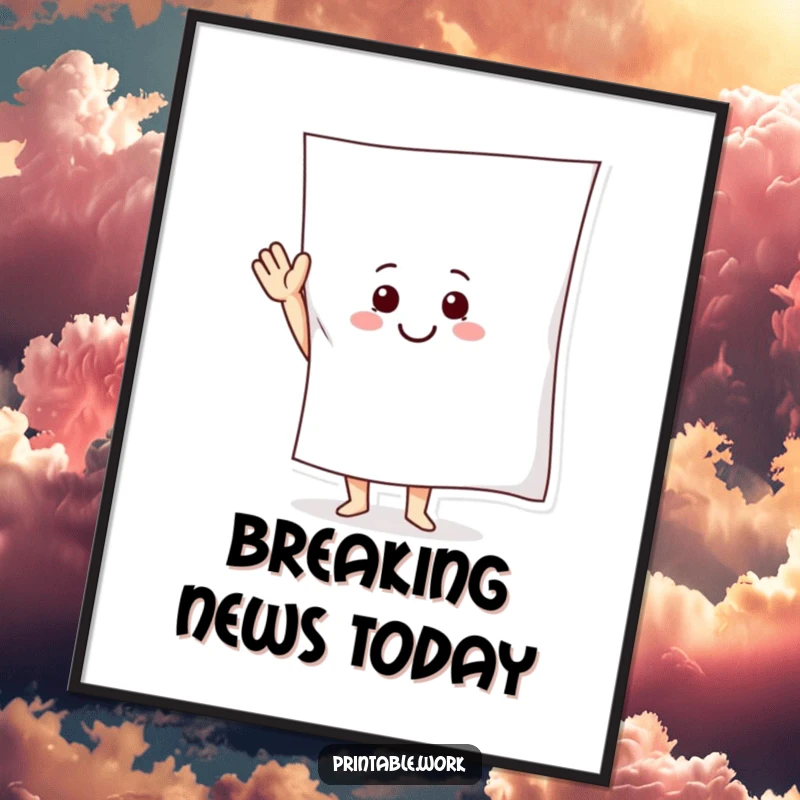 Funny Poster print featuring a smiling paper character waving a giant sheet, adding a humorous and artistic touch to any room.