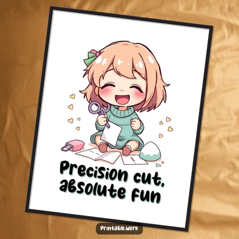 Funny Poster: A character giggles while intricately cutting paper shapes with scissors, showcasing crafting focus.