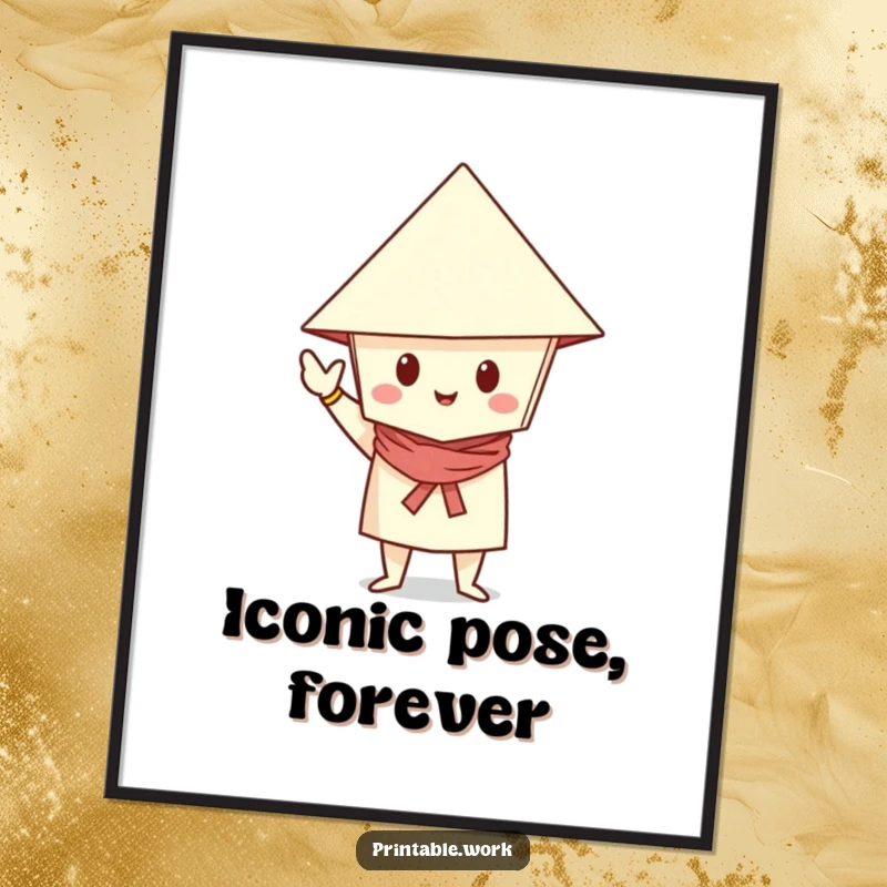 Funny Poster print of a paper character in a folded hat, striking a confident and stylish pose, ideal for wall decor.