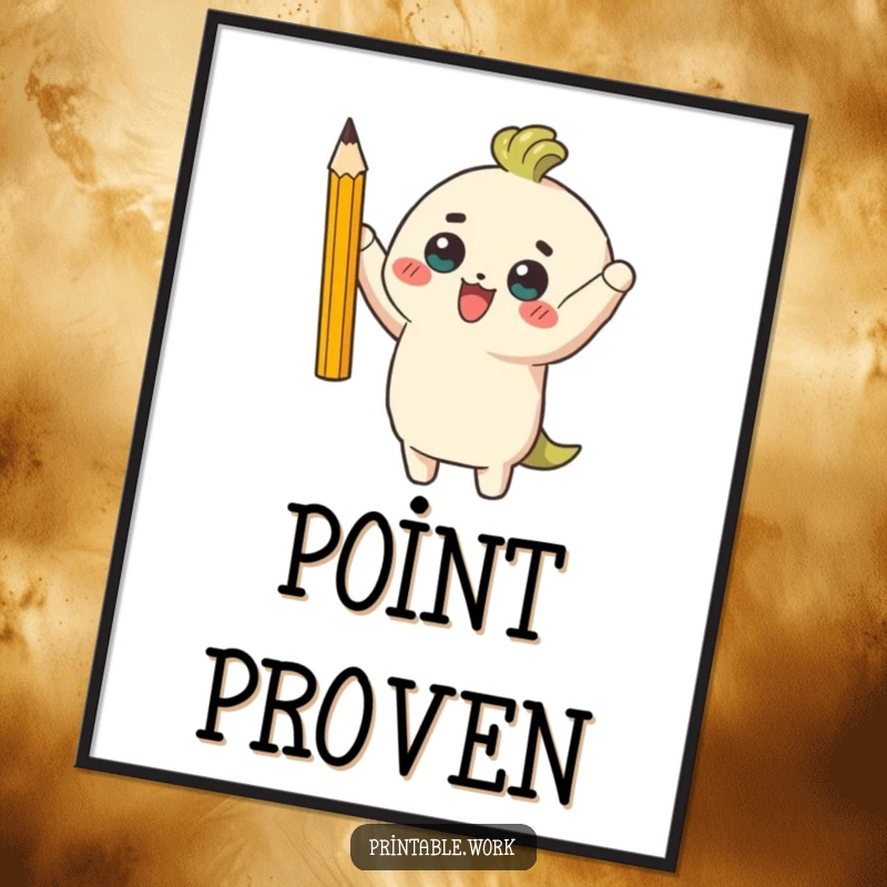 Funny poster displaying a character's beaming face, triumphantly holding a single, perfectly sharpened pencil, symbolizing achievement and focus.