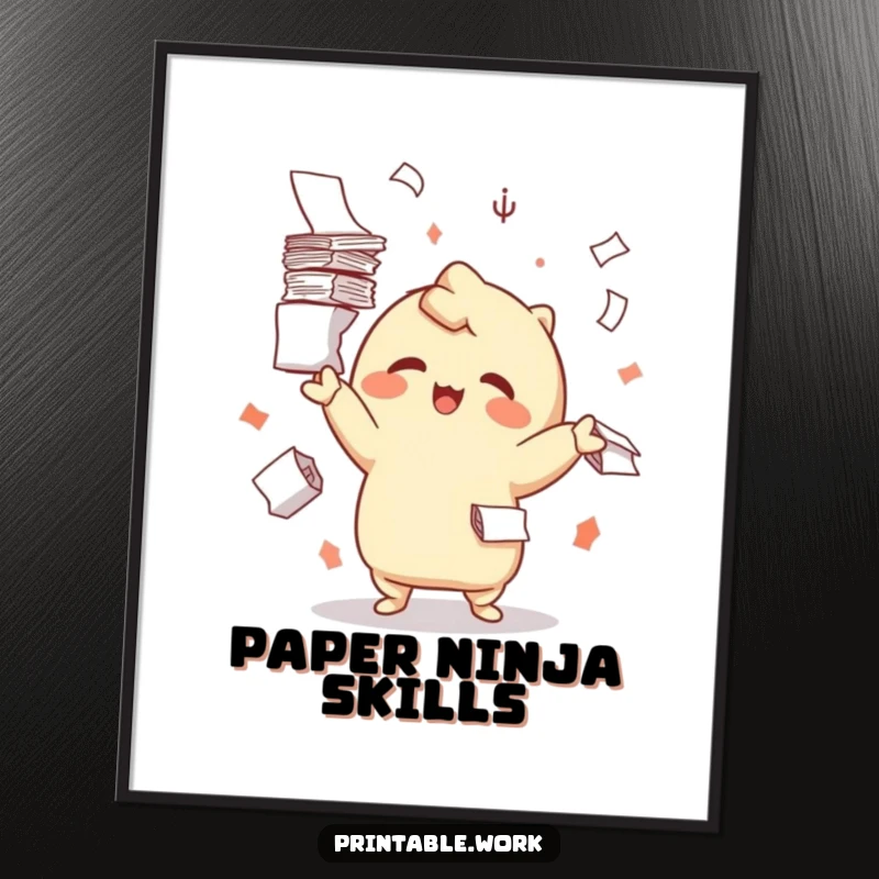 Funny poster of a happy Kawaii character juggling numerous paper stacks, symbolizing efficient and delightful task management.