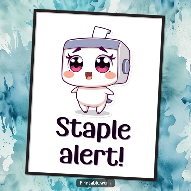 Funny poster: Wide-eyed printer character comically surprised by a flying staple, perfect for office or home decor.