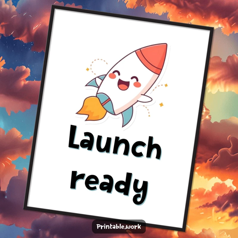 Funny poster of a giggling paper rocket character with flames blasting off, symbolizing adventure and speed, wall art.