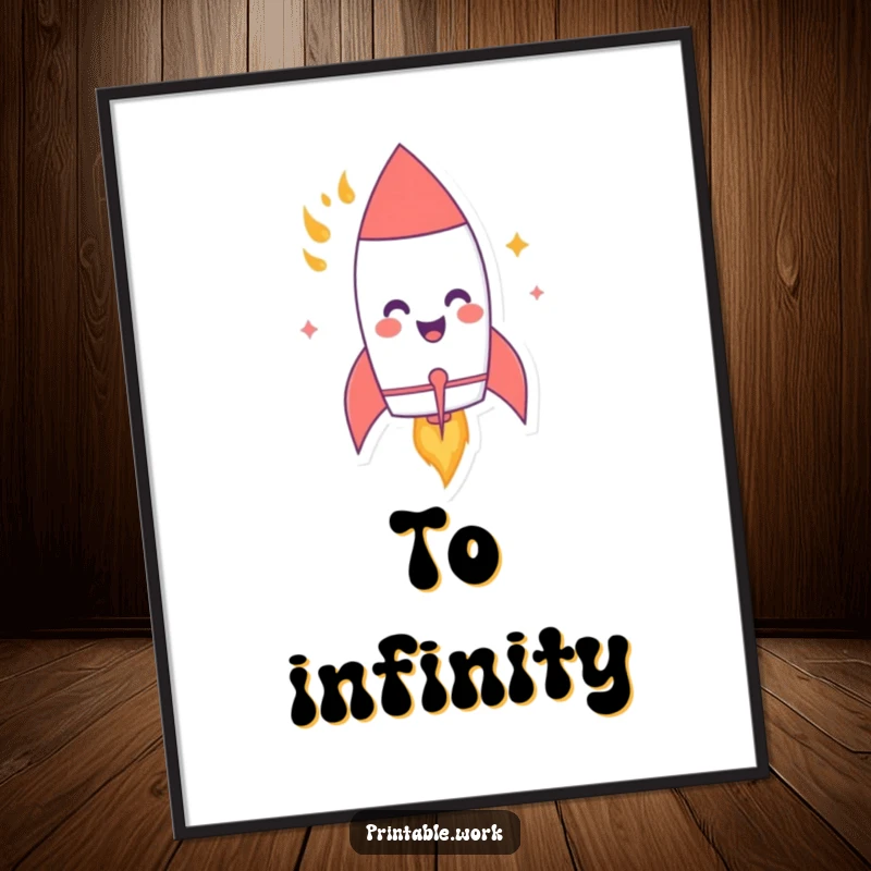 Funny poster featuring a giggling paper rocket character with flames, blasting off energetically, perfect for humorous wall decor.