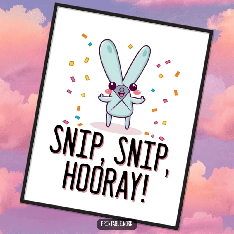 Funny playful scissors character poster, joyfully snipping confetti, perfect for adding a festive and celebratory touch to decor.