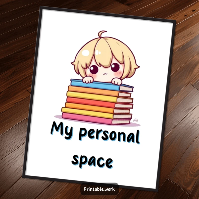 Funny Poster: Shy Kawaii character peeking around colorful book pages, a charming and humorous wall art.
