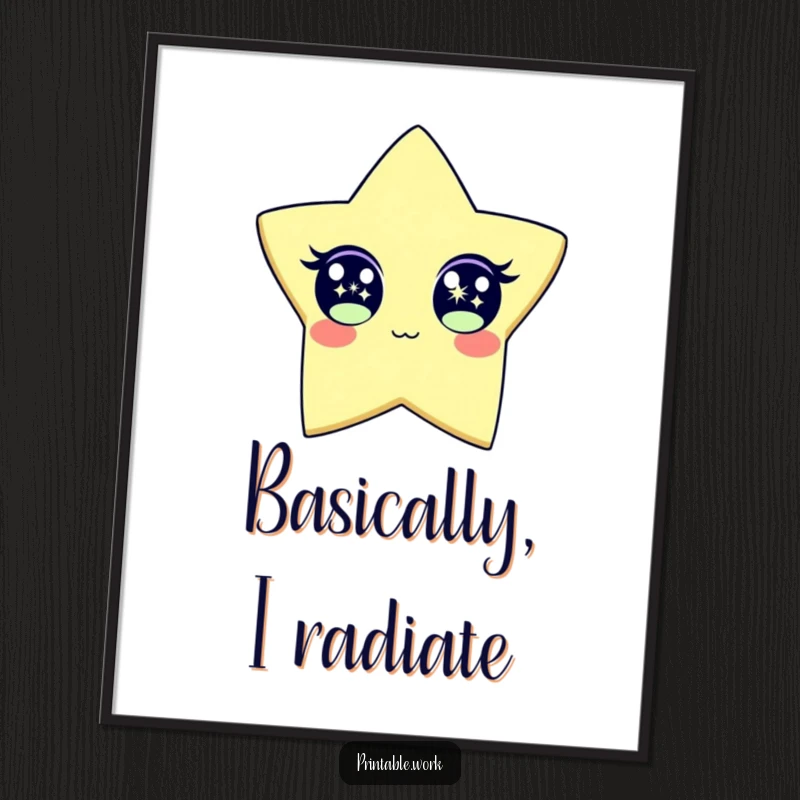Funny Poster displaying a paper star character with wide, sparkling eyes, radiating cheerful energy. A delightful piece of humorous wall art.