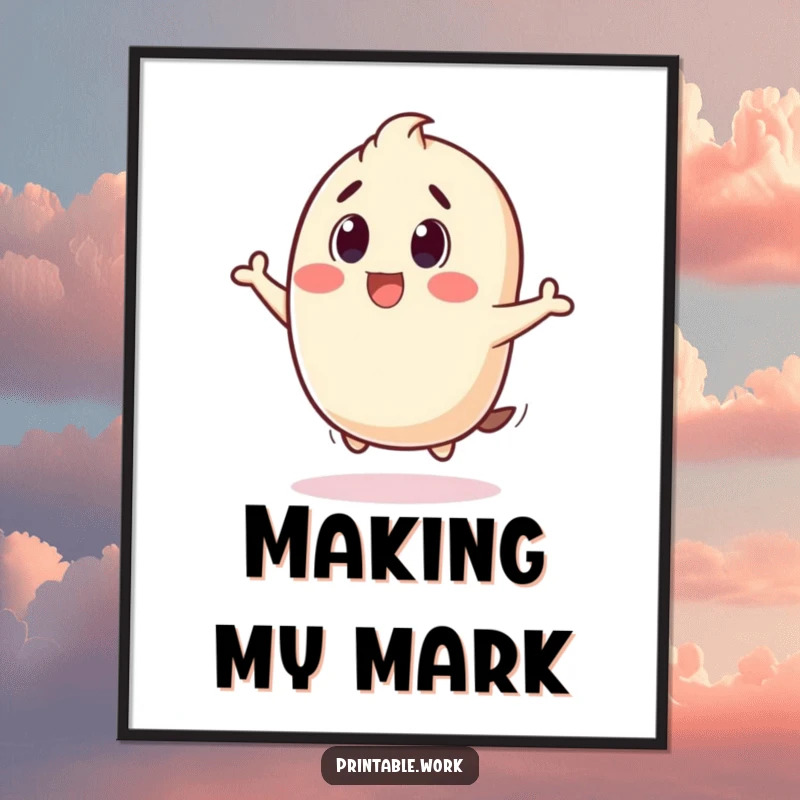 Funny poster art of a stamp character bouncing with a joyful 'thud', expressing surprise and happy energy in decor.