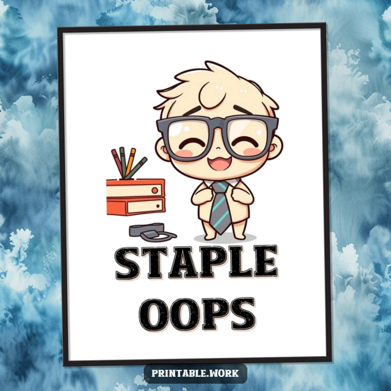 Funny poster artwork of a character in glasses, accidentally stapling own tie to desk, a comical office blunder depiction.