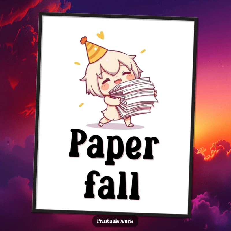 Funny Tripping Character Poster: A cute character comically tripping with a large stack of papers, a funny and relatable art print.