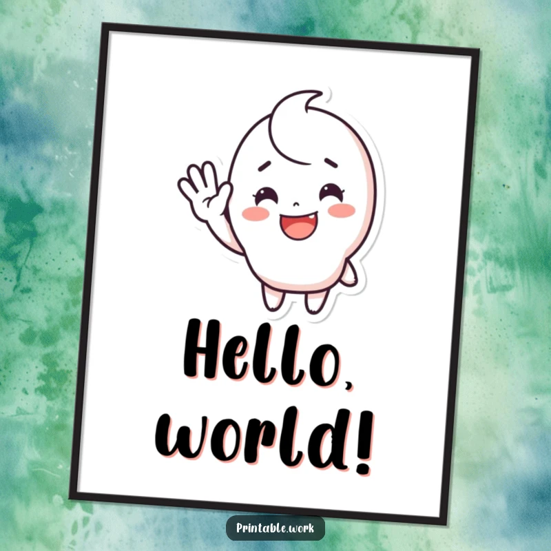 Funny waving sticker poster featuring a cute, happy character with a wide smile, waving energetically, bringing a cheerful vibe to the decor.