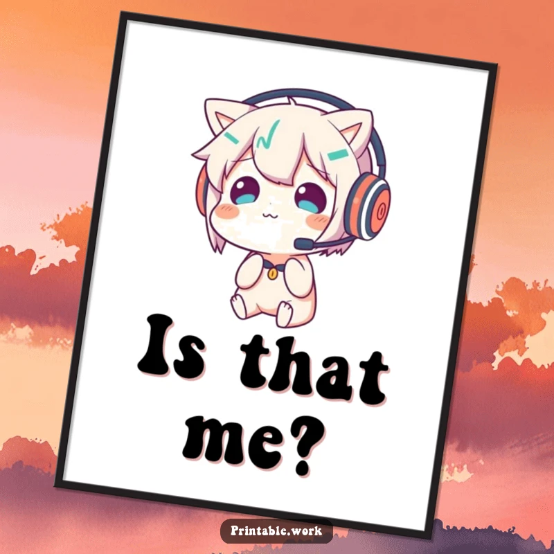 Funny poster depicting a character wearing a headset and looking confused by its reflection, perfect for humorous wall art.