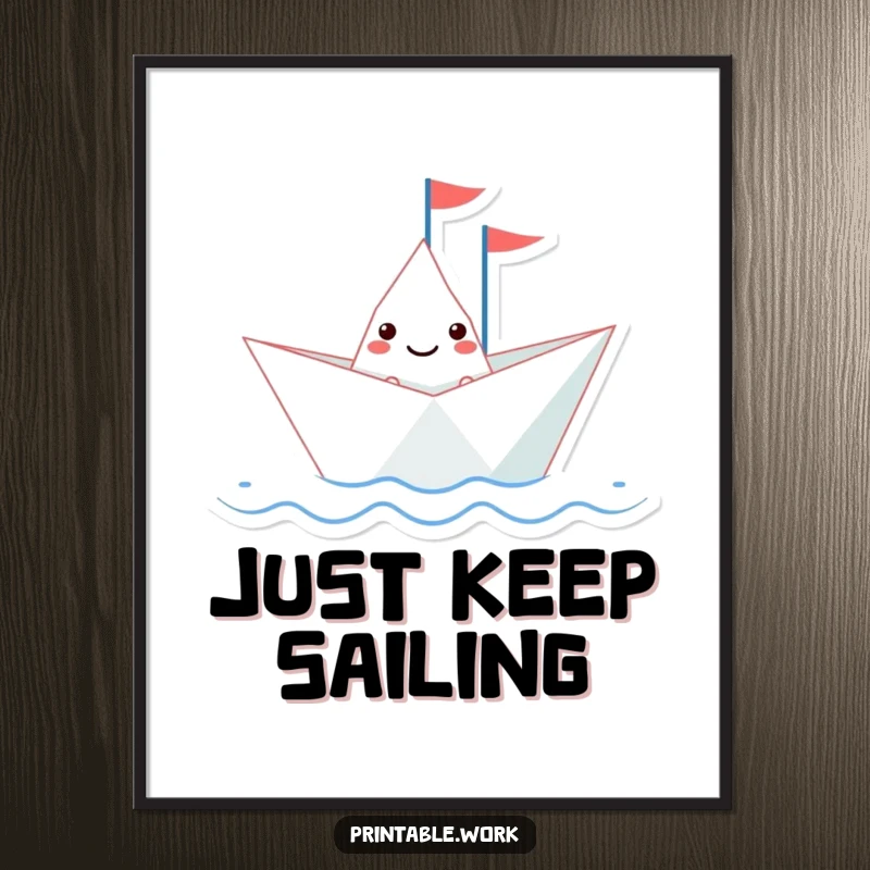 Funny paper boat character with a tiny flag sailing on a wavy line, presented as vibrant wall art on a poster.