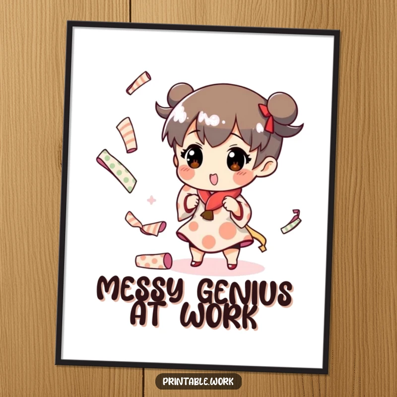 Funny poster art of a character juggling patterned paper rolls, symbolizing creativity and playful humor.