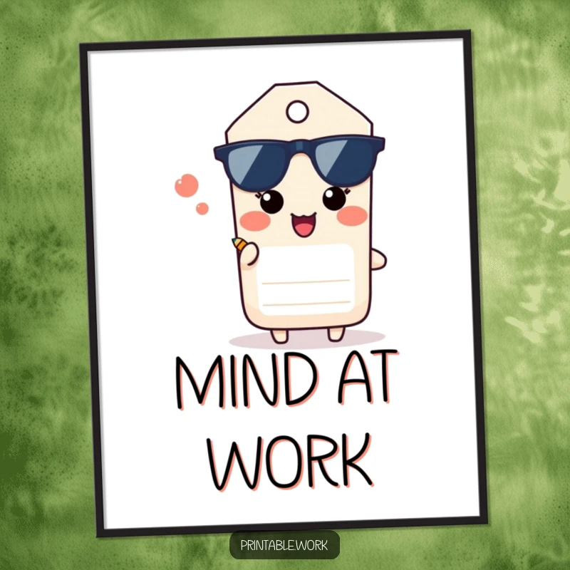 Funny Paper Tag Poster: A paper tag character sighs with happiness while offering a tiny pencil, a humorous wall art.