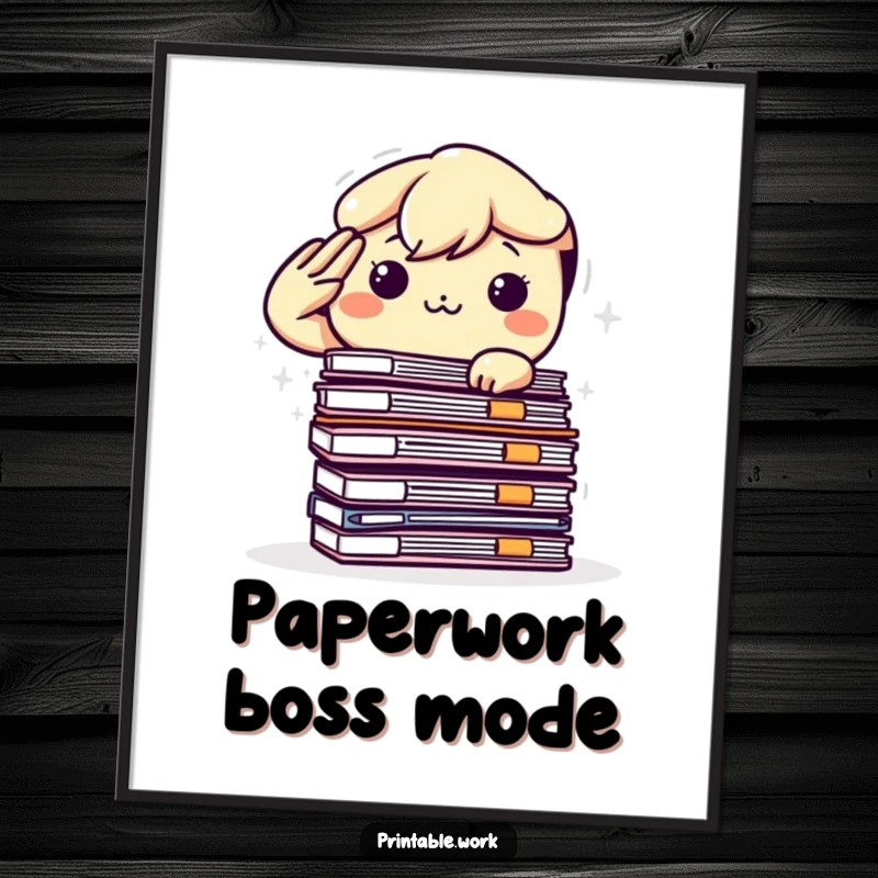 Funny Kawaii Poster: A determined character giving a salute to a massive stack of files, ideal for office motivation art.