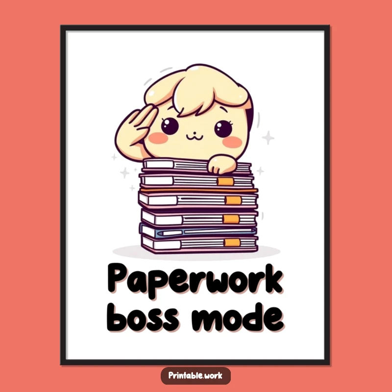 Funny Kawaii Office Motivation Poster: Determined Character Salutes Files, Inspiring Wall Art Gift
