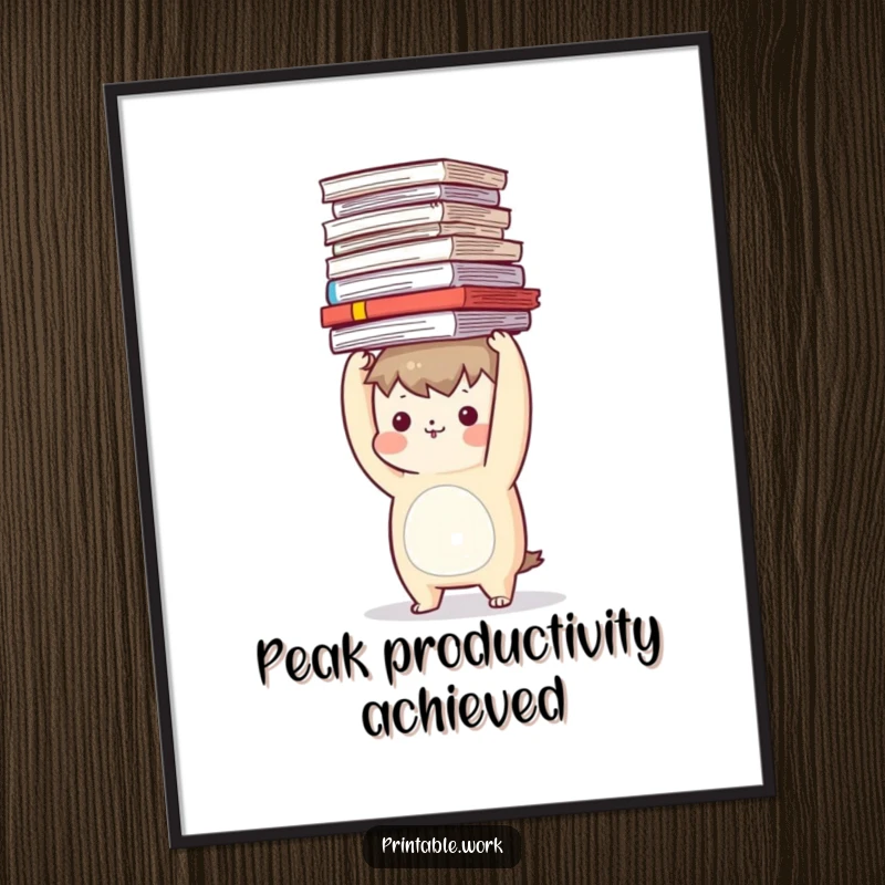 Funny poster print of a character attempting to balance a massive stack of documents on its head, workplace humor.