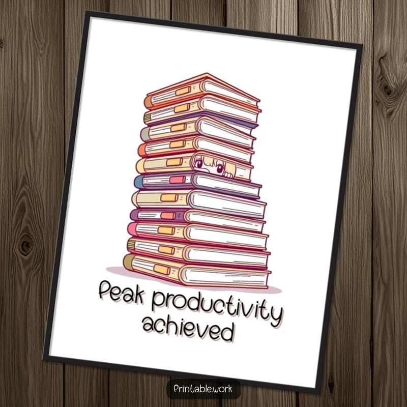 Funny poster of a person hiding behind excessive paperwork, adding a humorous and relatable touch to any room's decor.