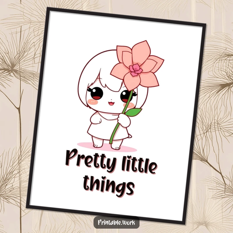 Cute Kawaii poster showcasing a proud character beaming while presenting a beautifully crafted paper flower, a testament to artistic skill and care.