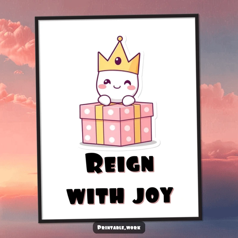 Funny paper crown character with a cheerful expression sitting atop a present, as charming wall art on a poster.