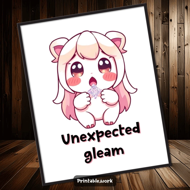 Funny poster of a character with wide eyes, holding a single shimmering glitter flake, conveying a sense of wonder and delight.