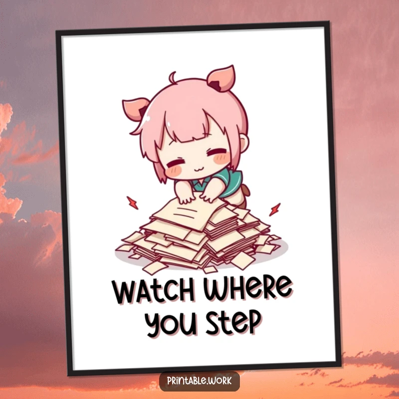 Funny Kawaii character comically tripping over a tiny pile of papers, as humorous wall art on a poster.