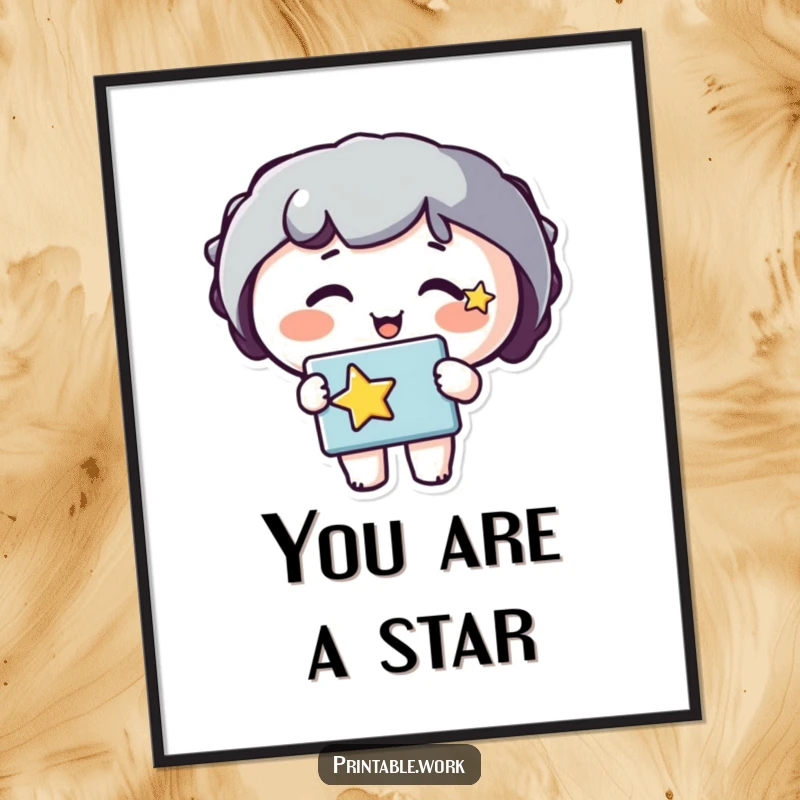 Funny poster print of a happy character with a star on its cheek, holding a stencil. Adds a creative spark to any room.