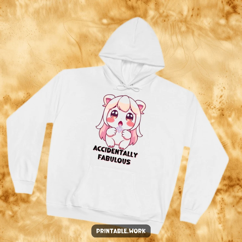 Funny hoodie with a surprised character gently holding a single shimmering glitter flake, offering warmth and a sense of wonder.