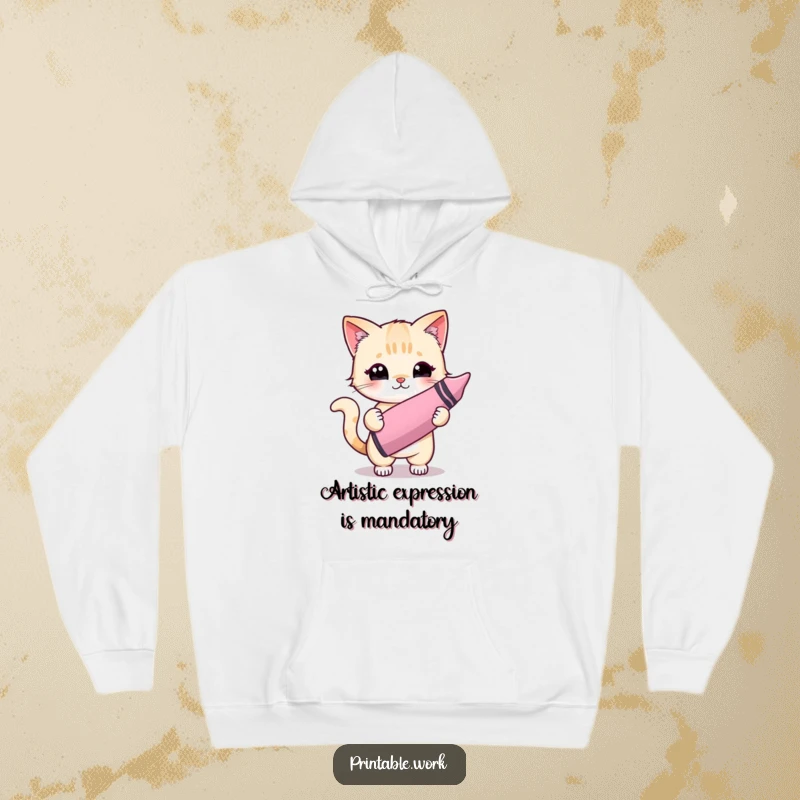 Funny Kawaii cat artist wearing a hoodie, holding a large crayon, embracing comfort and artistic expression with a smile.