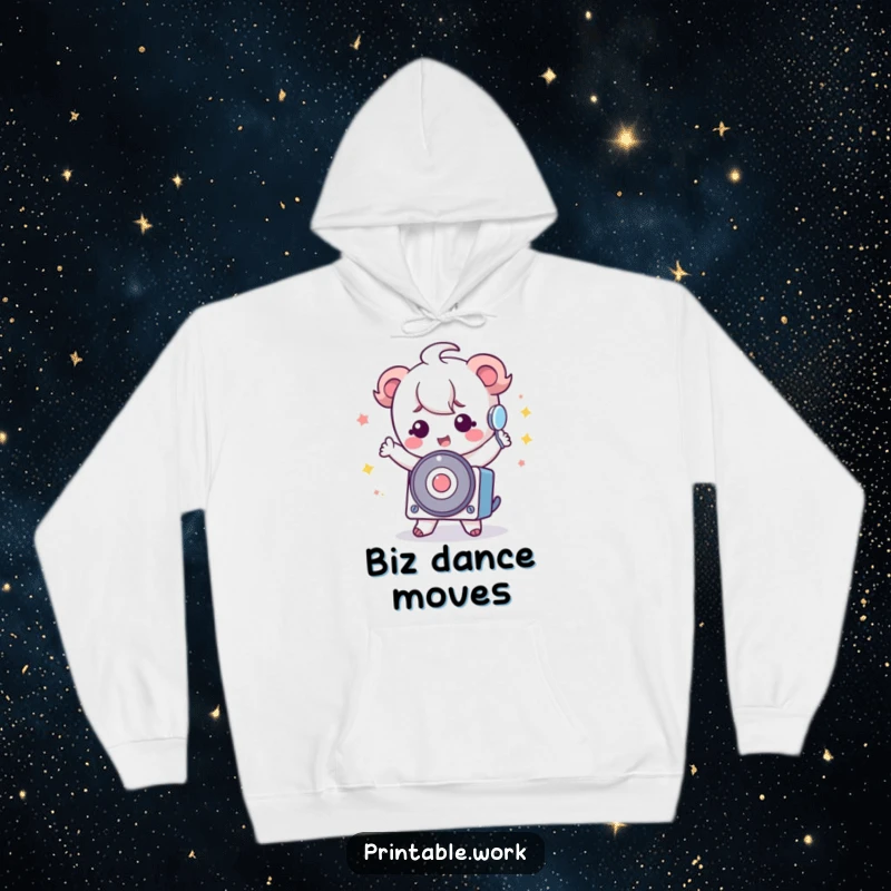 Funny Kawaii Rolodex Hoodie depicting a cute Kawaii character in a silly dance pose with a rolodex, soft and humorous.