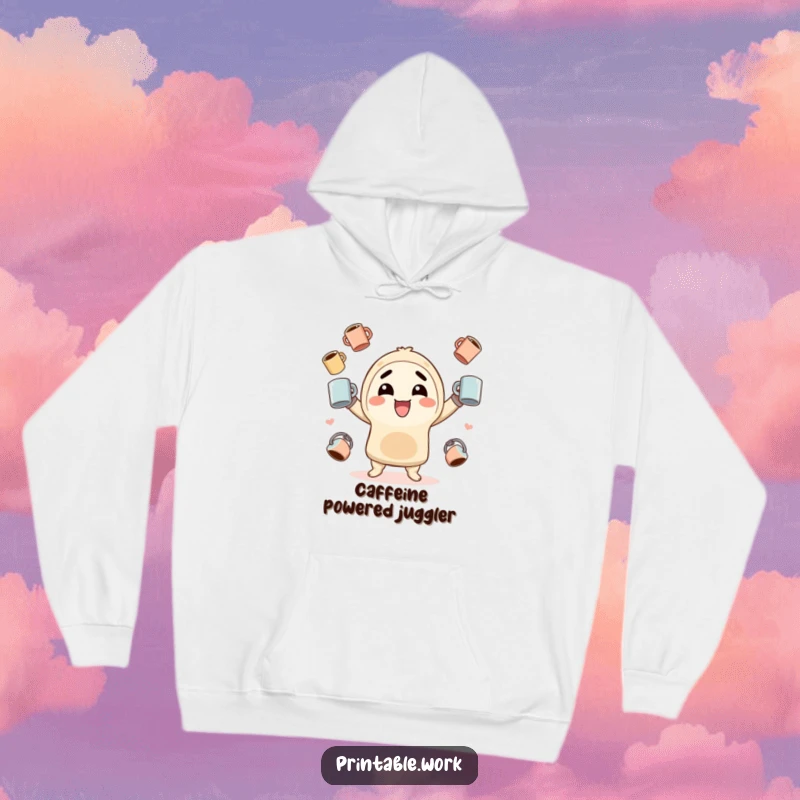 Funny Hoodie: Cute kawaii character enthusiastically juggling coffee mugs, offering warmth and a dose of adorable humor, ideal for gifting.