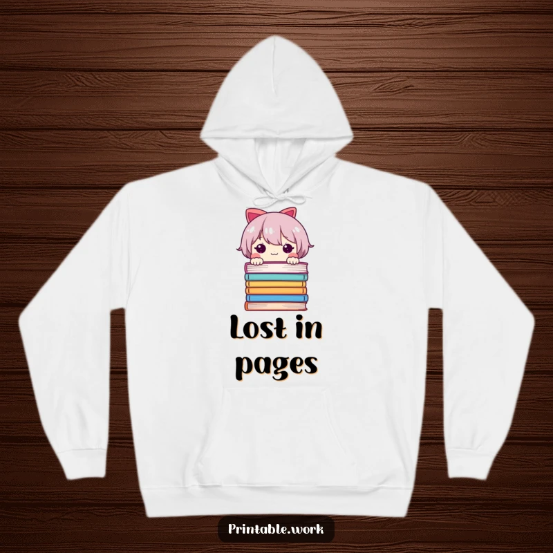 Funny hoodie with a charming character peeking over a stack of books, ideal for cozy reading and expressing a love for stories.