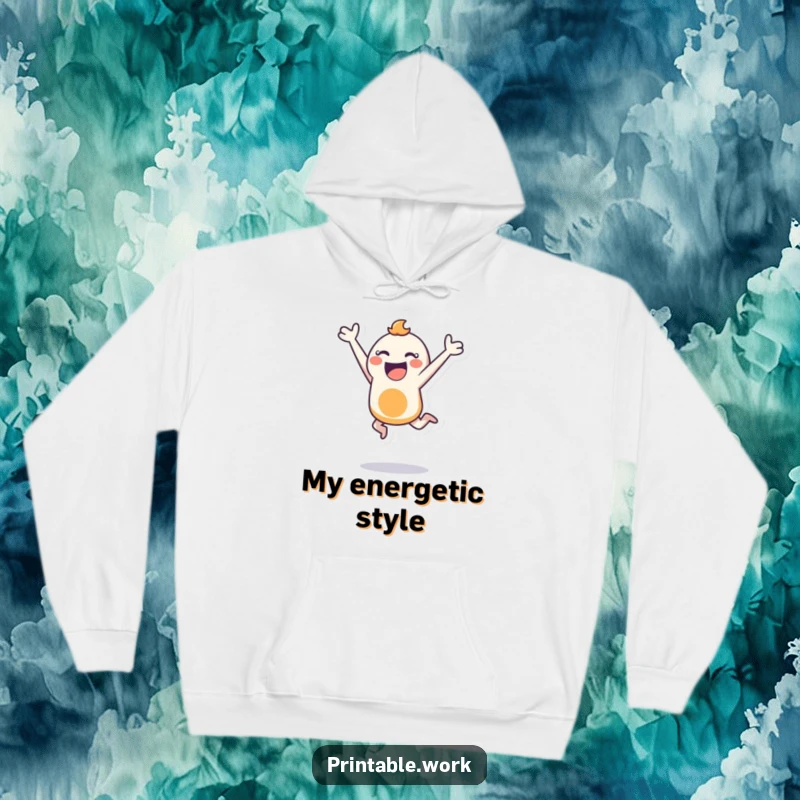 Funny hoodie showing a bouncing character joyfully leaping with a stencil, perfect for staying warm during energetic creative sessions.