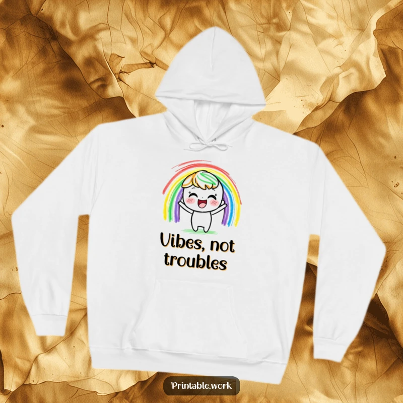 Funny delighted crayon character hoodie, happily drawing a vibrant rainbow with colorful strokes, perfect for cozy creativity.