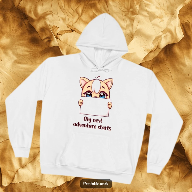 Funny hoodie showing a curious character with wide, excited eyes looking at a blank page, perfect for cozy contemplation.