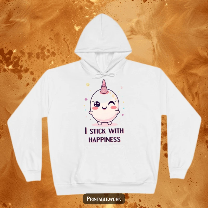 Funny hoodie showcasing a happy glitter glue character, spreading shimmering dots and cozy vibes.