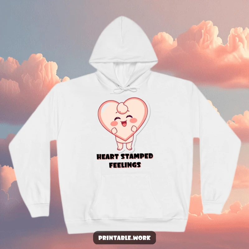 Funny Heart Hoodie: A character excitedly stamping a large, giggling heart shape, offering cozy affection.