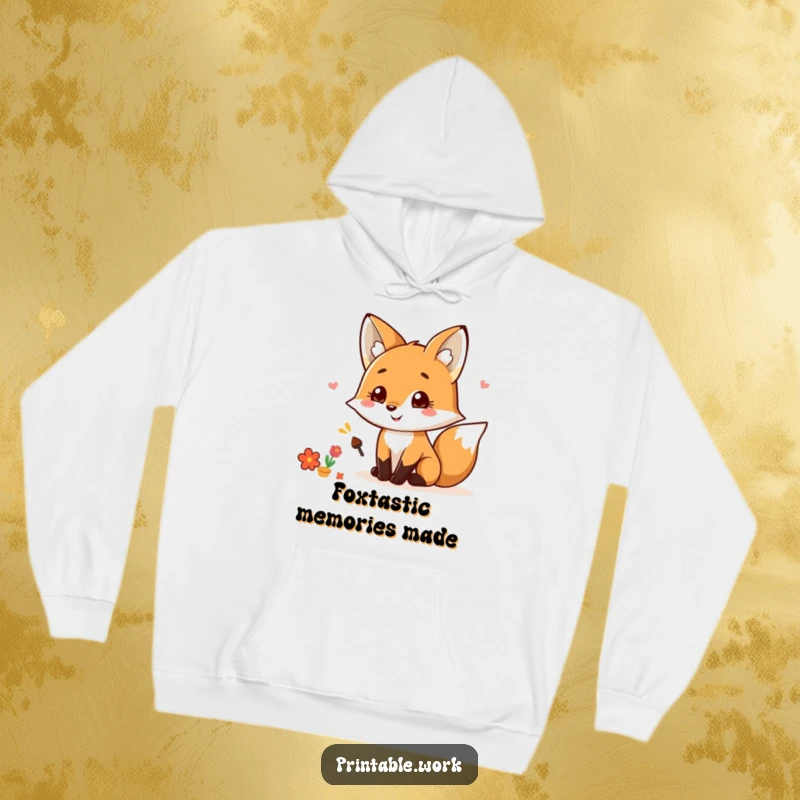 Funny Kawaii Fox Scrapbooking Hoodie featuring a happy, smiling fox with craft supplies, creating a scrapbook, perfect for cozy crafting sessions and a funny gift.