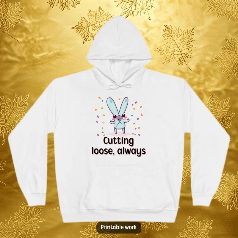 Funny playful scissors character hoodie, happily snipping confetti, perfect for cozy celebrations and parties.