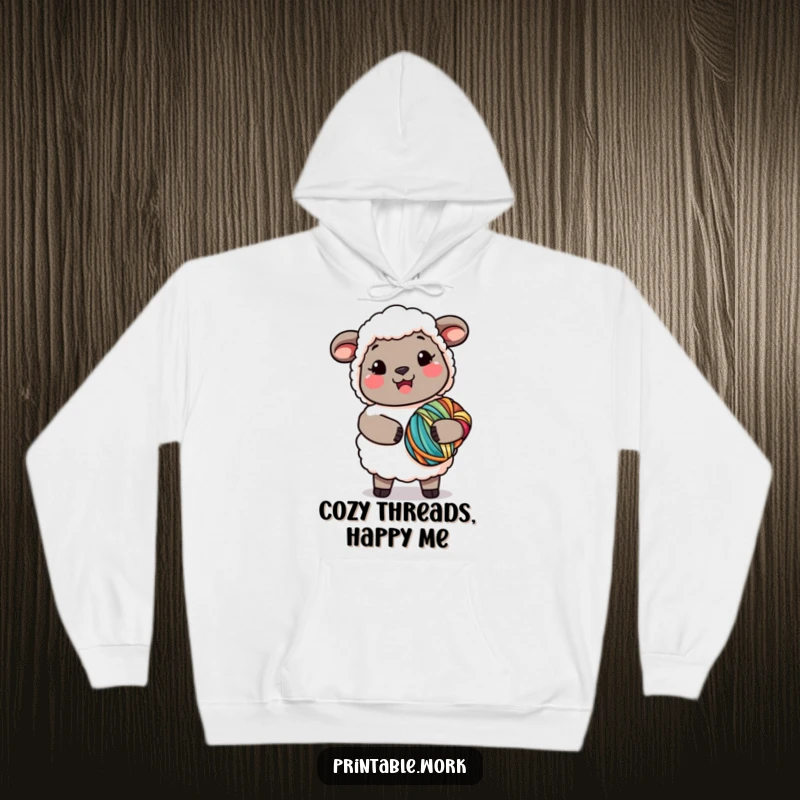 Funny Kawaii Sheep Yarn Hoodie showing a joyful sheep holding a colorful bundle of yarn, perfect for cozy crafting sessions and a funny gift.
