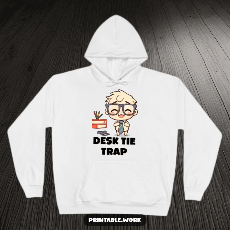 Funny hoodie print of a character in oversized glasses, stapling their tie to a desk, showcasing a hilarious office accident.