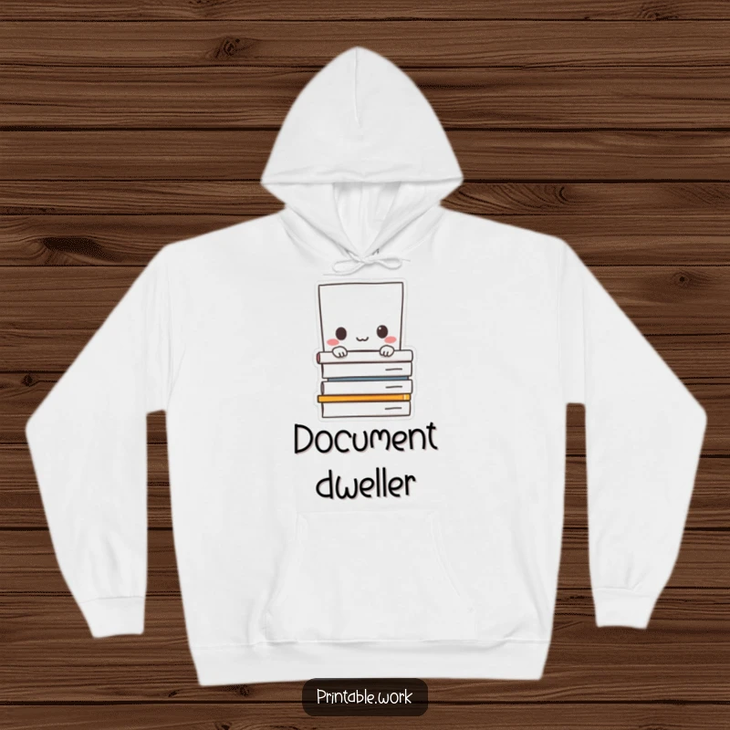 Funny hoodie: Paper character shyly peeking from behind documents, cozy and humorous apparel for introverts.