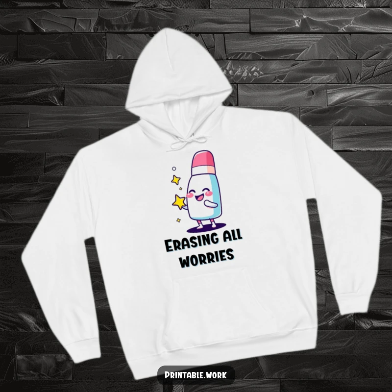 Funny giggling eraser character hoodie, happily polishing a sparkling star, perfect for cozy perfectionists.